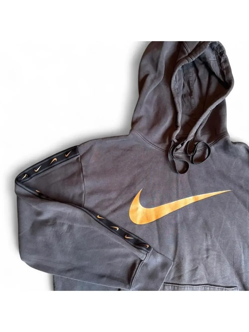 Nike Y2K vibe Adult L Gray Hoodie Gold Swoosh & Black/Gold Swoosh Tape Sleeves